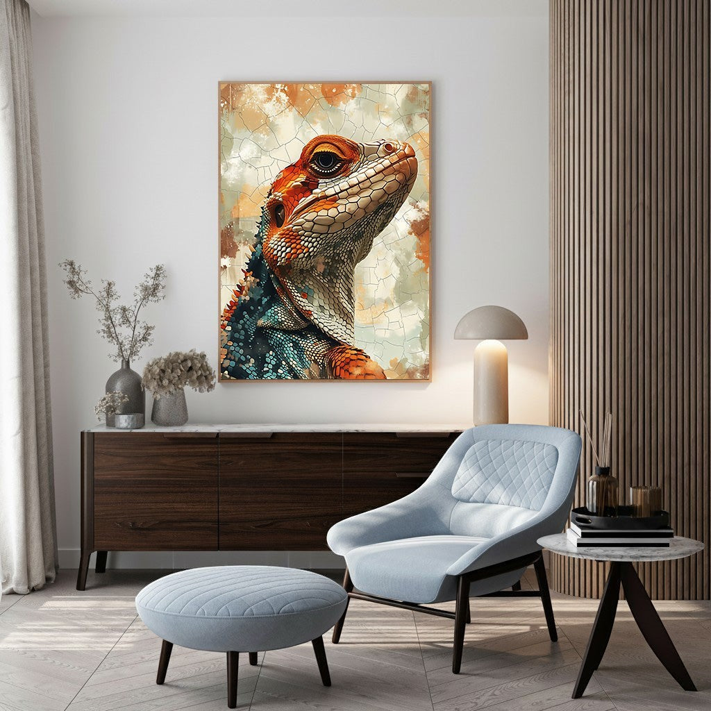 Wadi Home vibrant lizard portrait wall art with orange, red, and teal scales and textured background.