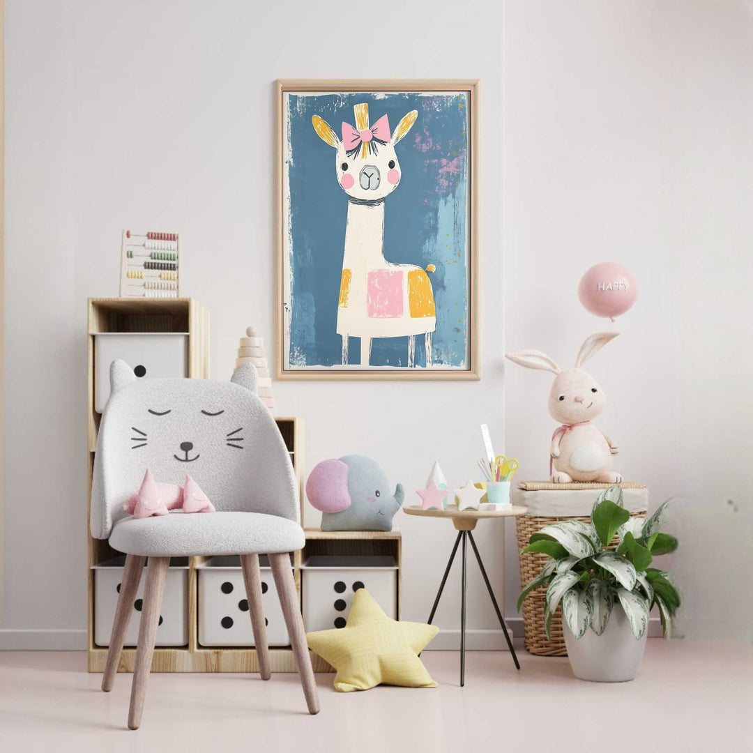 Wadi Home cute llama wall art with pink bow and textured blue background, perfect for nursery decor.