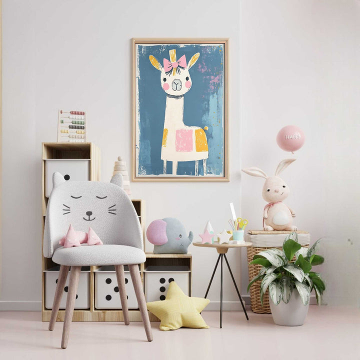 Wadi Home cute llama wall art with pink bow and textured blue background, perfect for nursery decor.