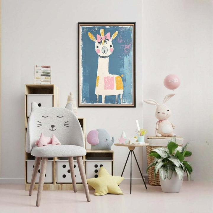Wadi Home cute llama wall art with pink bow, yellow and pink accents on a blue textured background, perfect for nursery decor.