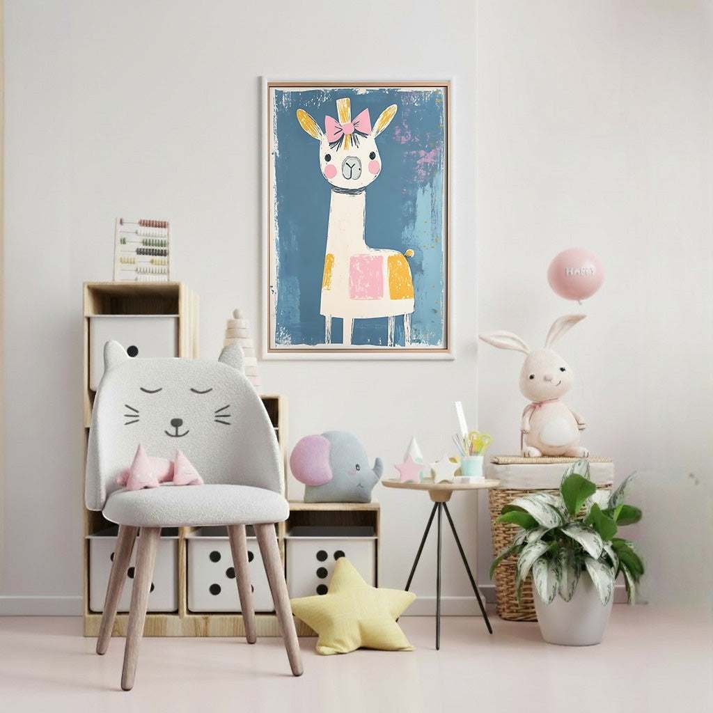 Wadi Home cute llama wall art with pink bow, yellow and pink accents on blue textured background, perfect for nursery decor.
