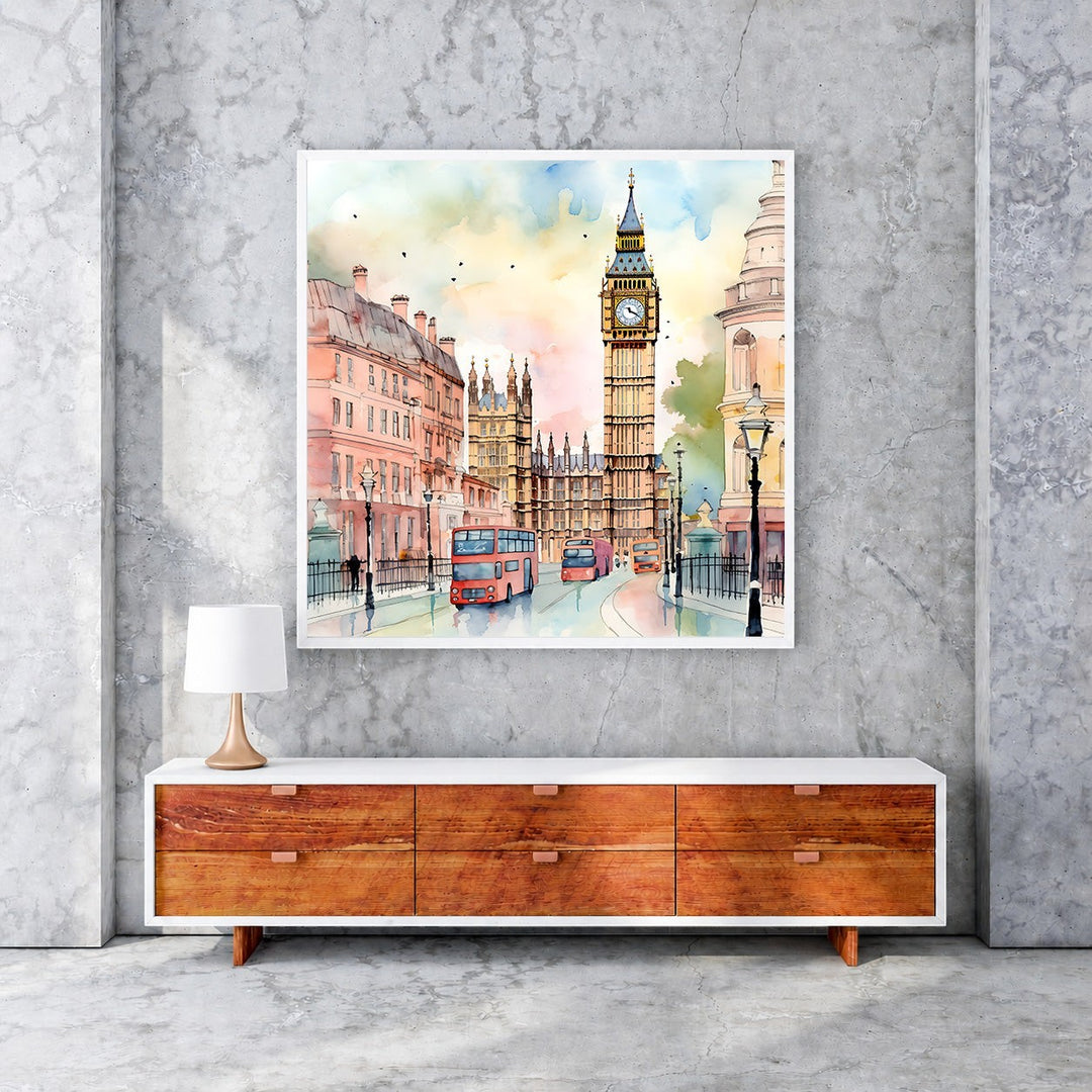 Wadi Home London cityscape watercolor art featuring Big Ben and red double-decker buses in a soft, artistic style.