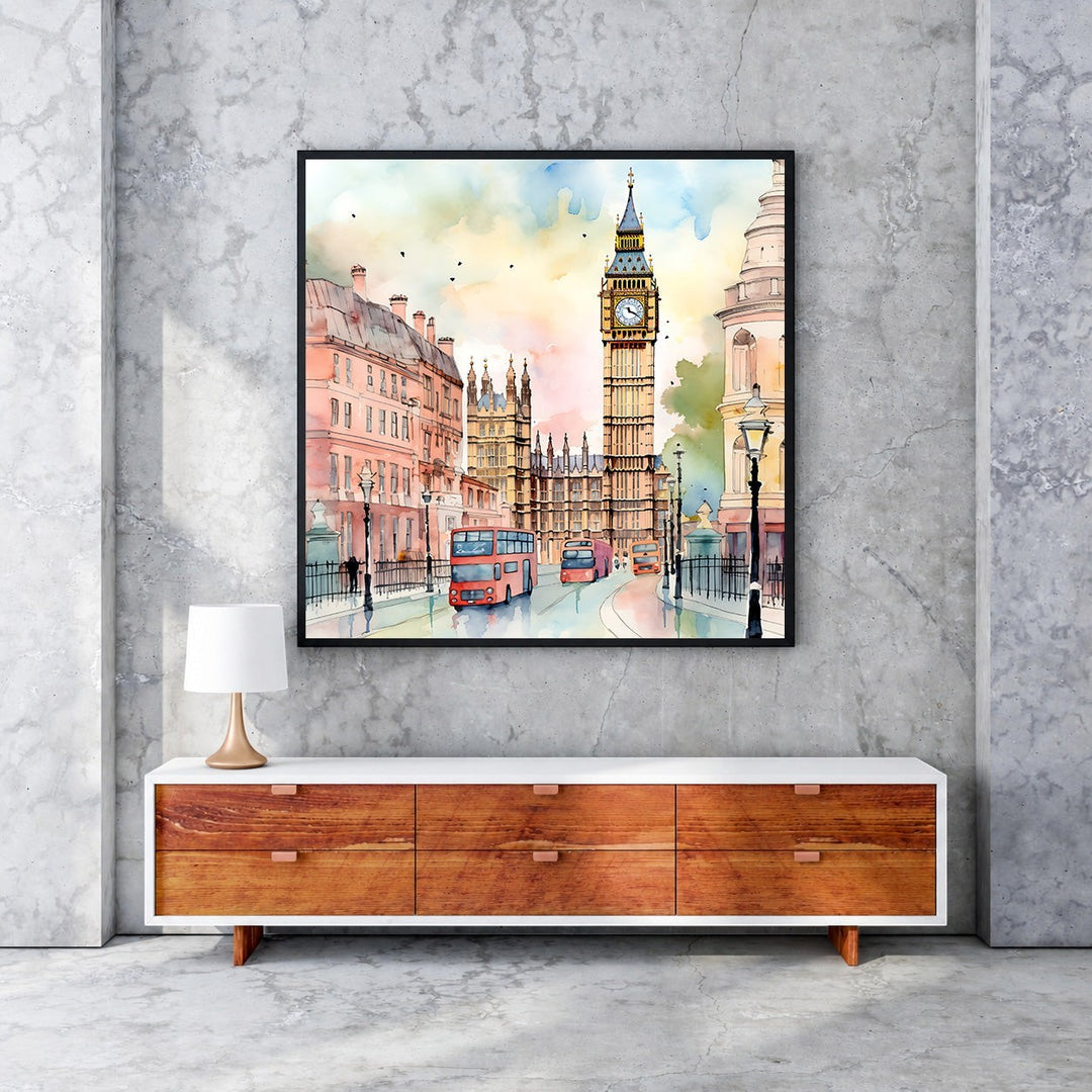 Wadi Home London cityscape watercolor art with Big Ben and red buses. Soft, warm colors.