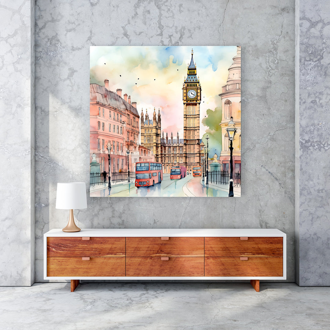 Wadi Home London cityscape watercolor art featuring Big Ben and red double-decker buses in soft, warm colors.
