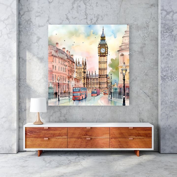 Wadi Home London cityscape watercolor art featuring Big Ben and red double-decker buses in soft, warm colors.