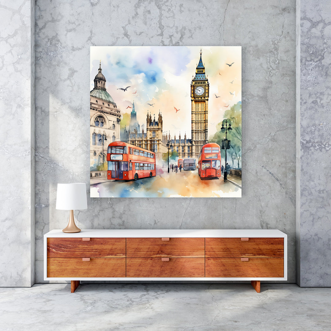 Wadi Home watercolor art print of London cityscape with red double-decker buses and Big Ben.