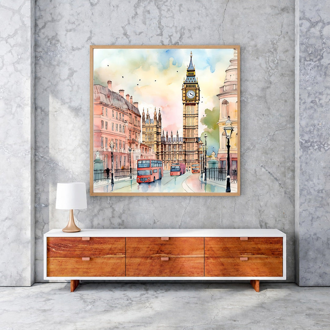 Wadi Home London cityscape watercolor art print featuring Big Ben and red double-decker buses in a warm, artistic style.