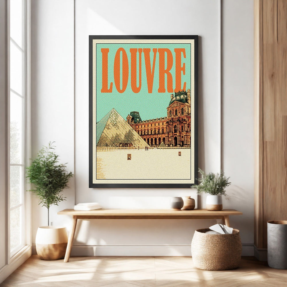 Wadi Home vintage Louvre Museum travel poster featuring the pyramid and palace in retro style with orange text.