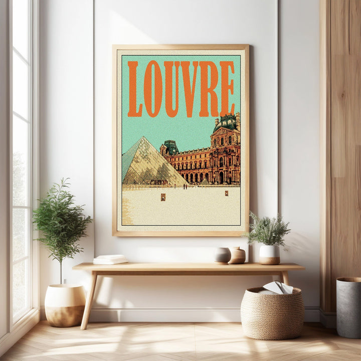 Wadi Home vintage Louvre Museum travel poster featuring the iconic pyramid and palace in a retro style with orange text.