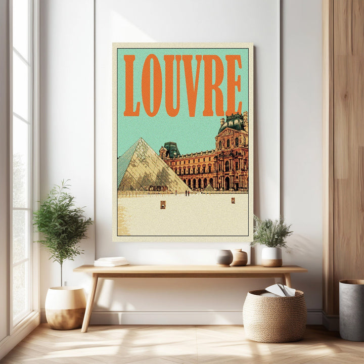 Wadi Home vintage Louvre Museum travel poster featuring the iconic pyramid and palace in a retro style with muted colors.