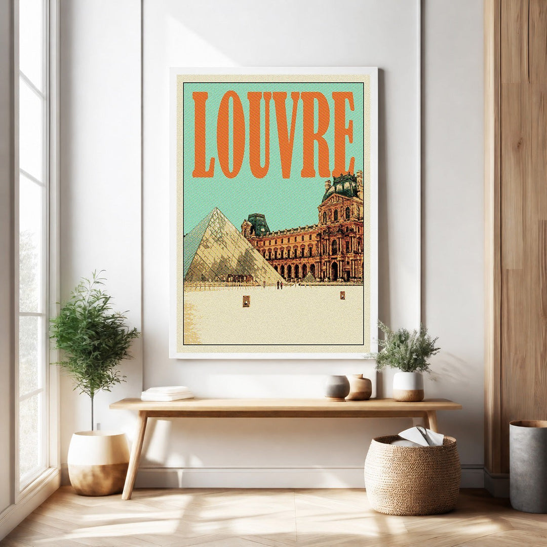 Wadi Home vintage Louvre Museum travel poster featuring the iconic pyramid and palace in a retro style with muted colors.