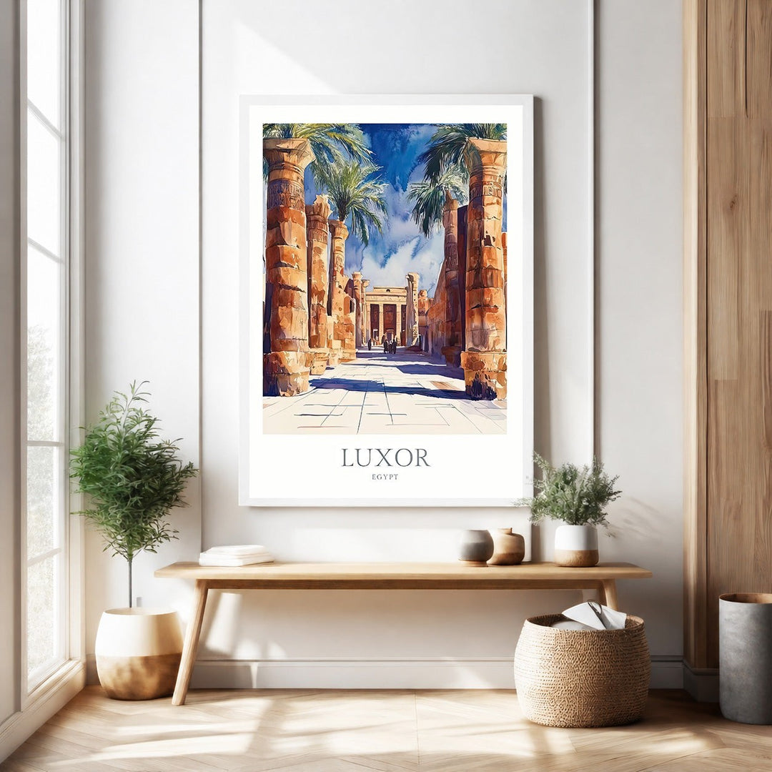 Wadi Home Luxor Egypt watercolor print featuring ancient columns and palm trees. Warm earthy tones and blue sky.