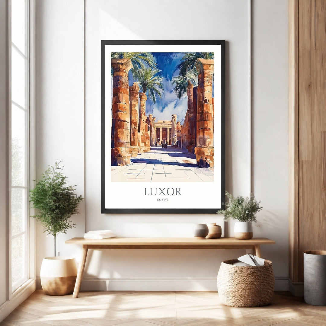 Wadi Home Luxor Egypt watercolor print featuring ancient columns and palm trees in warm, earthy tones.