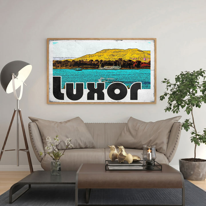 Wadi Home Luxor vintage travel poster with feluccas on the Nile River and desert hills. Bold graphic text.