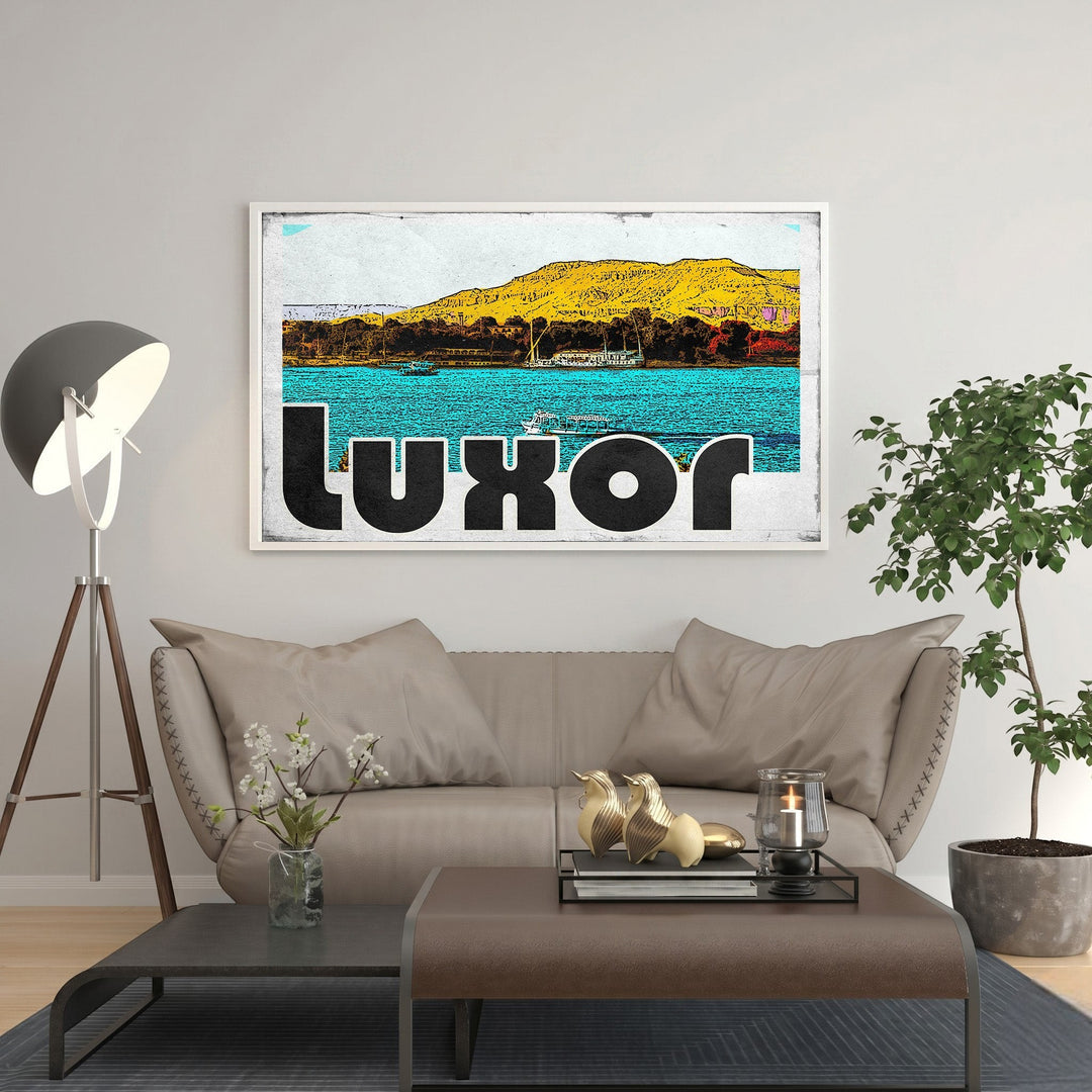 Wadi Home Luxor vintage travel poster with feluccas on the Nile River and golden desert hills.