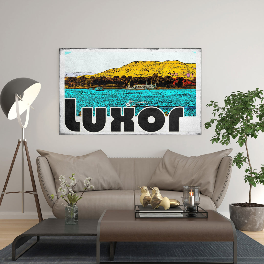 Wadi Home Luxor vintage travel poster with Nile River, feluccas, and desert hills. Bold graphic text.