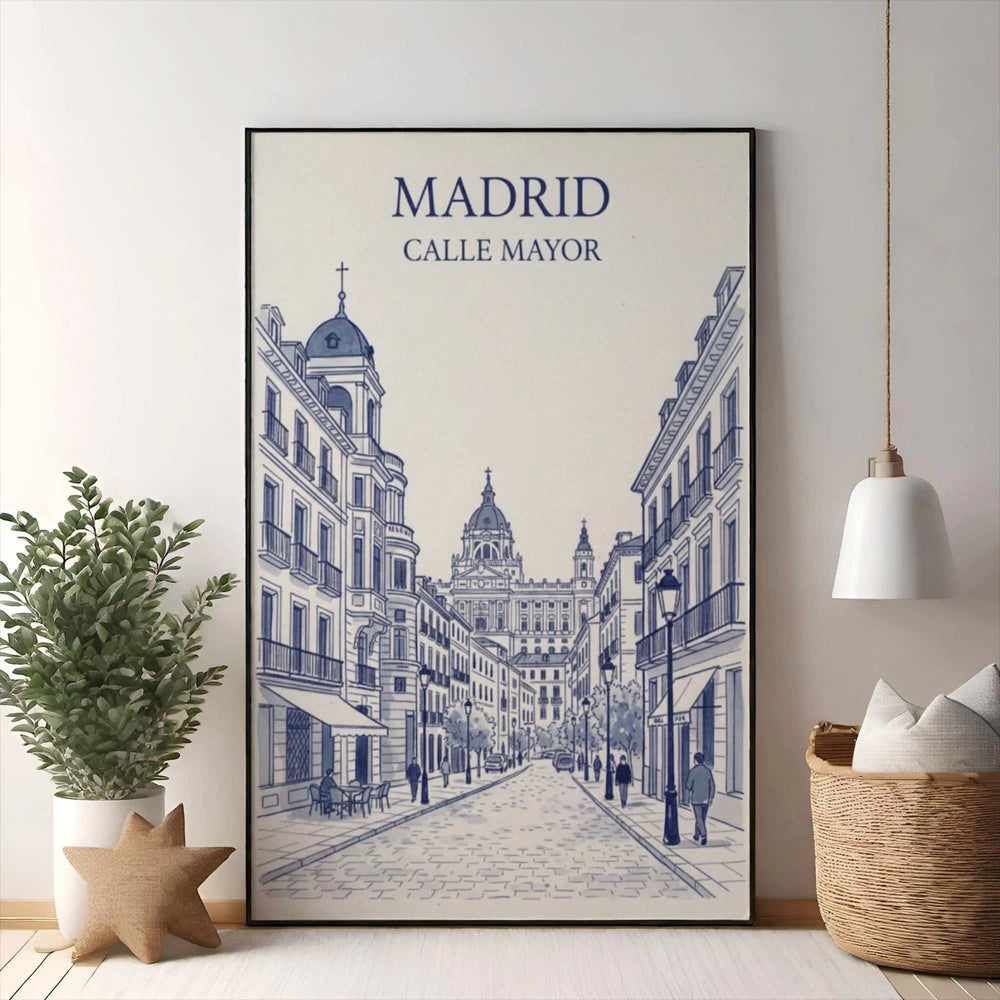 Wadi Home Madrid Calle Mayor sketch art print, blue and white illustration of Spanish architecture and street life.