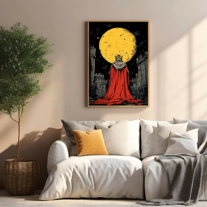 Wadi Home Majestic King Under Full Moon artwork, king in red cloak and crown before a large yellow moon and castles.