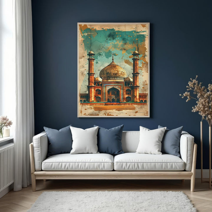 Wadi Home majestic mosque canvas wall art with intricate details and earthy tones, set against a teal and gold abstract background.