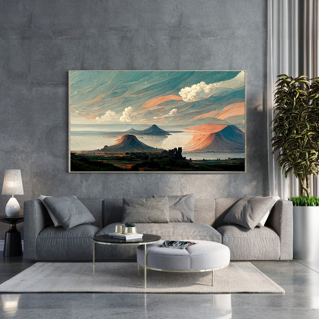 Wadi Home Majestic Mountain Landscape Wall Art featuring a sunset over water and mountains with vibrant colors.