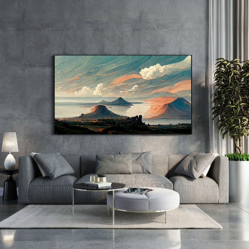 Wadi Home Majestic Mountain Landscape Wall Art with sunset hues and tranquil waters.