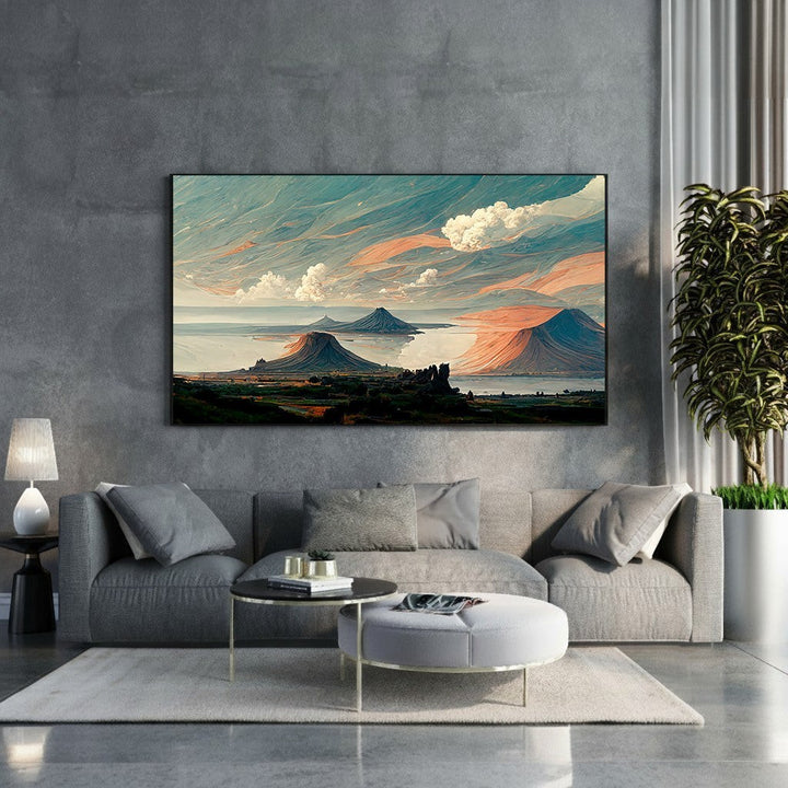 Wadi Home Majestic Mountain Landscape Wall Art with sunset hues and tranquil waters.