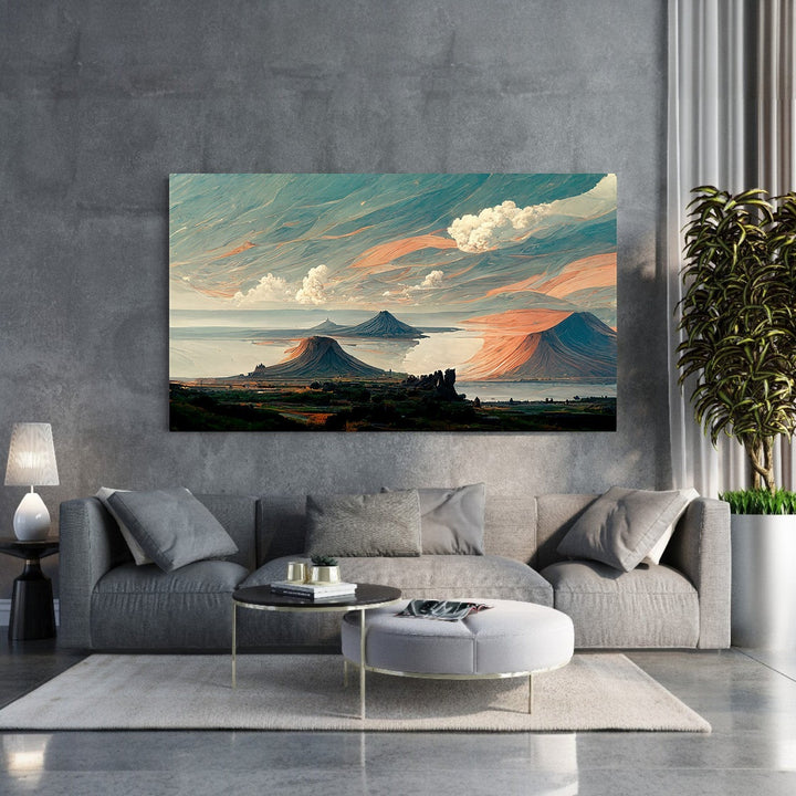 Wadi Home Majestic Mountain Landscape Wall Art featuring rolling hills, tranquil waters, and peaks at sunset with vibrant colors.