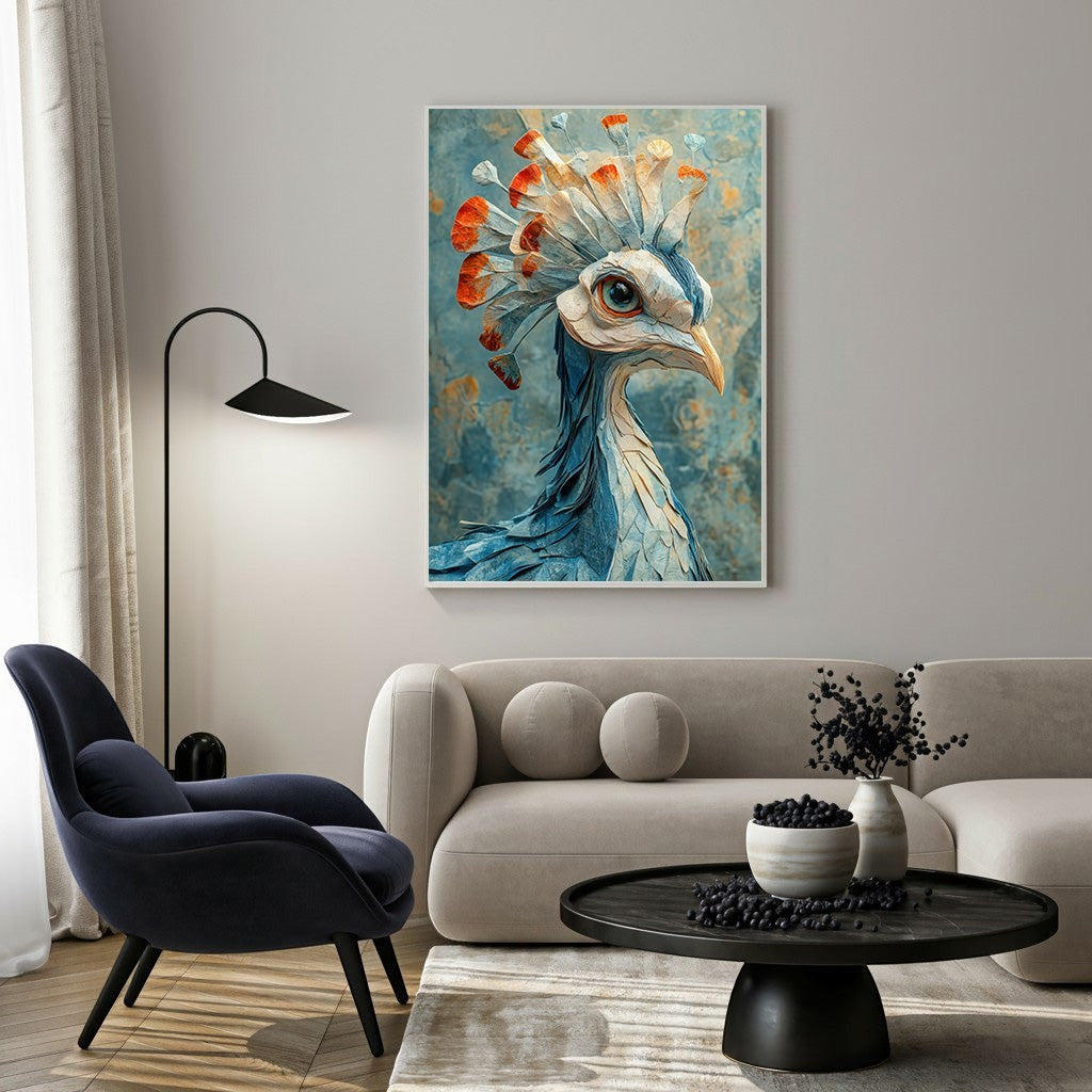 Wadi Home Majestic Peacock Portrait Wall Art, vibrant blue and orange exotic bird artwork, detailed feathers, elegant home decor.