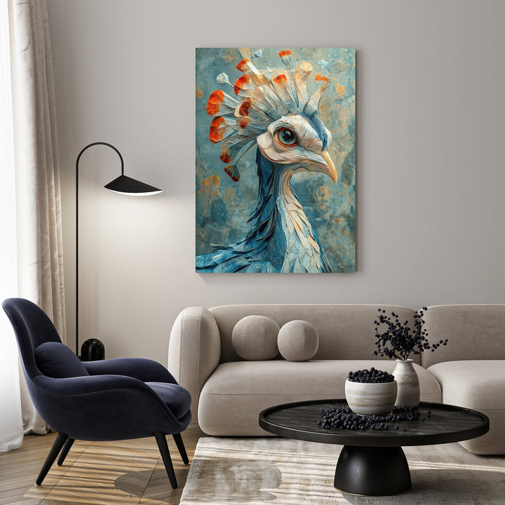 Wadi Home Majestic Peacock Portrait Wall Art with vibrant blues and orange accents, detailed depiction of a peacock's head.