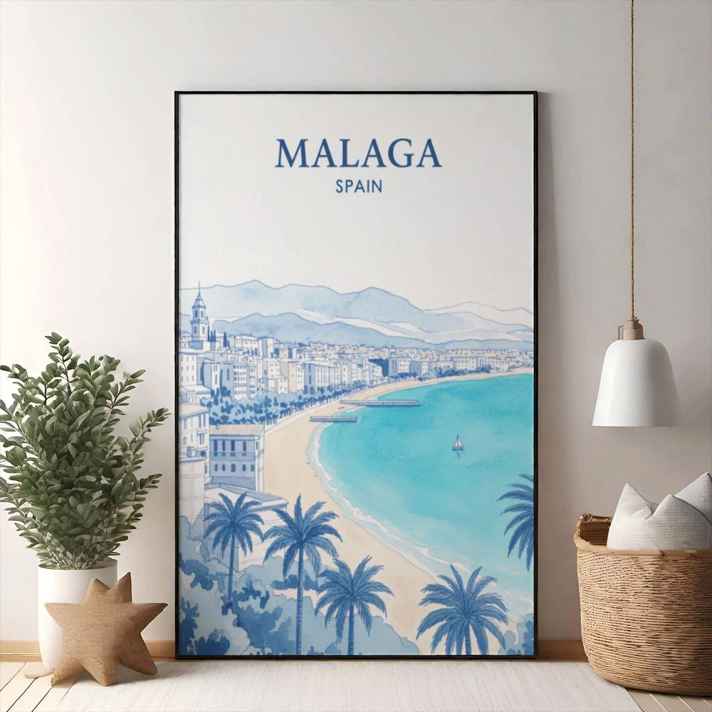 Wadi Home Malaga Spain coastal watercolor print featuring a beach, palm trees, and blue ocean.