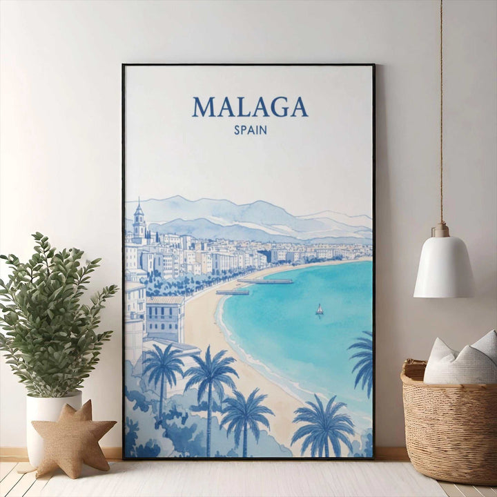 Wadi Home Malaga Spain coastal watercolor print featuring a beach, palm trees, and blue ocean.