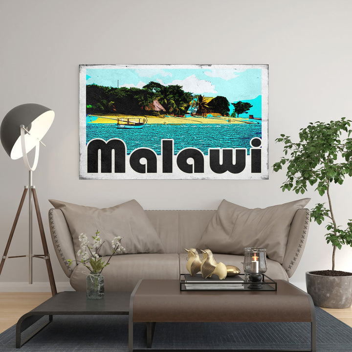 Wadi Home Malawi Beach tropical landscape wall art with turquoise water, palm trees, and retro lettering.