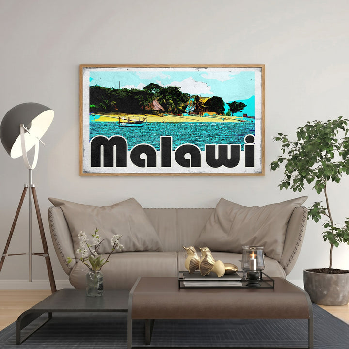 Wadi Home Malawi Beach tropical landscape wall art with turquoise water, palm trees, and retro lettering.