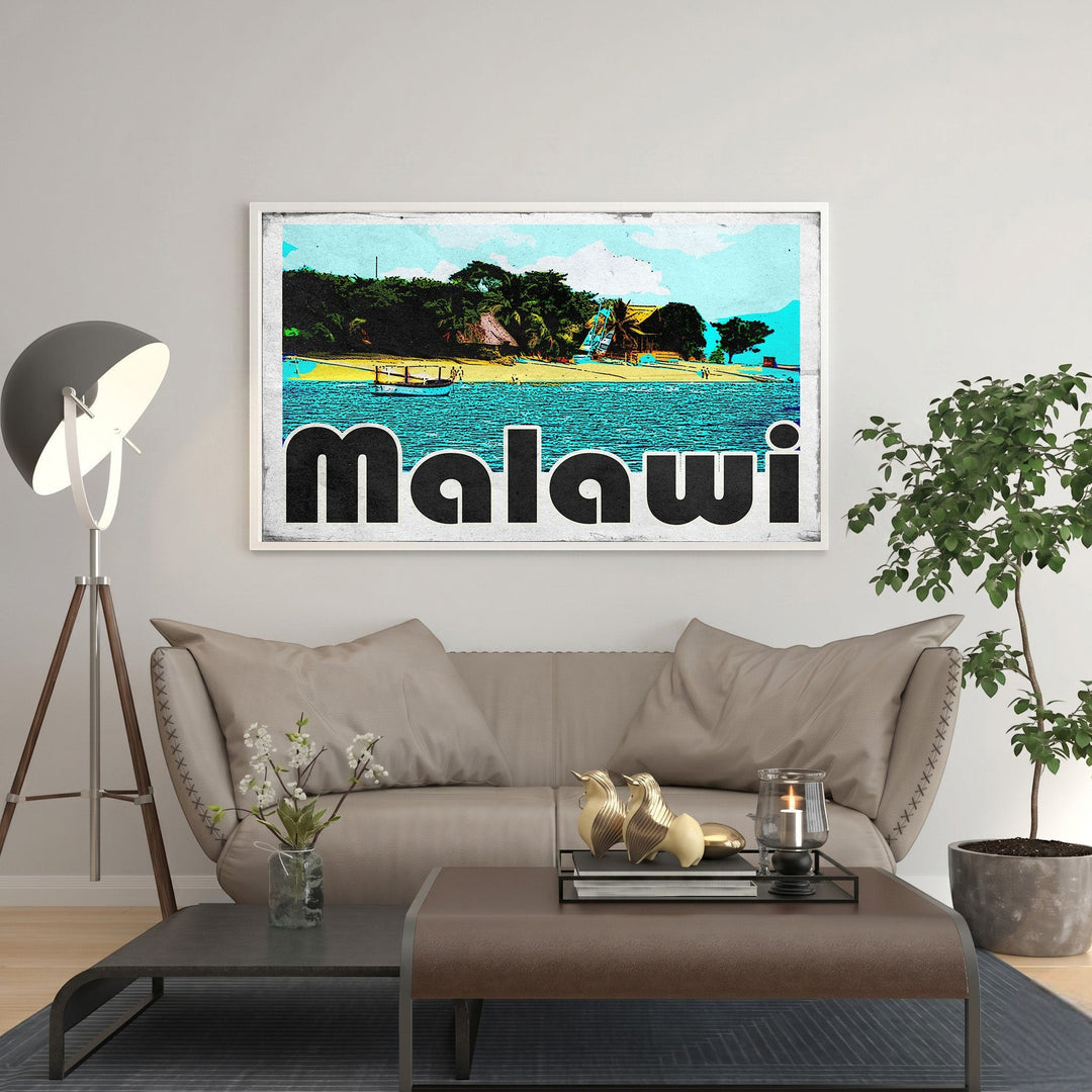 Wadi Home Malawi Beach tropical landscape wall art with turquoise water, palm trees, and retro lettering.