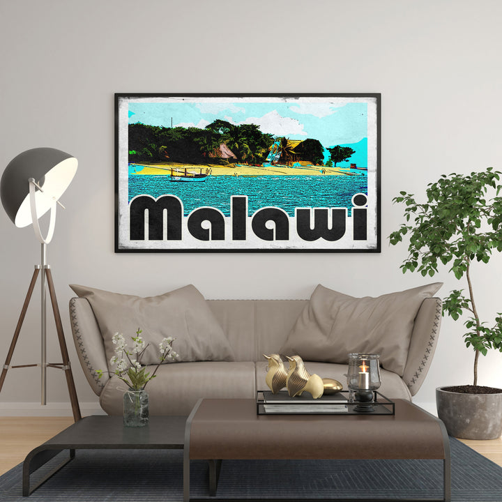 Wadi Home Malawi Beach tropical landscape wall art with turquoise water, palm trees, and retro lettering.