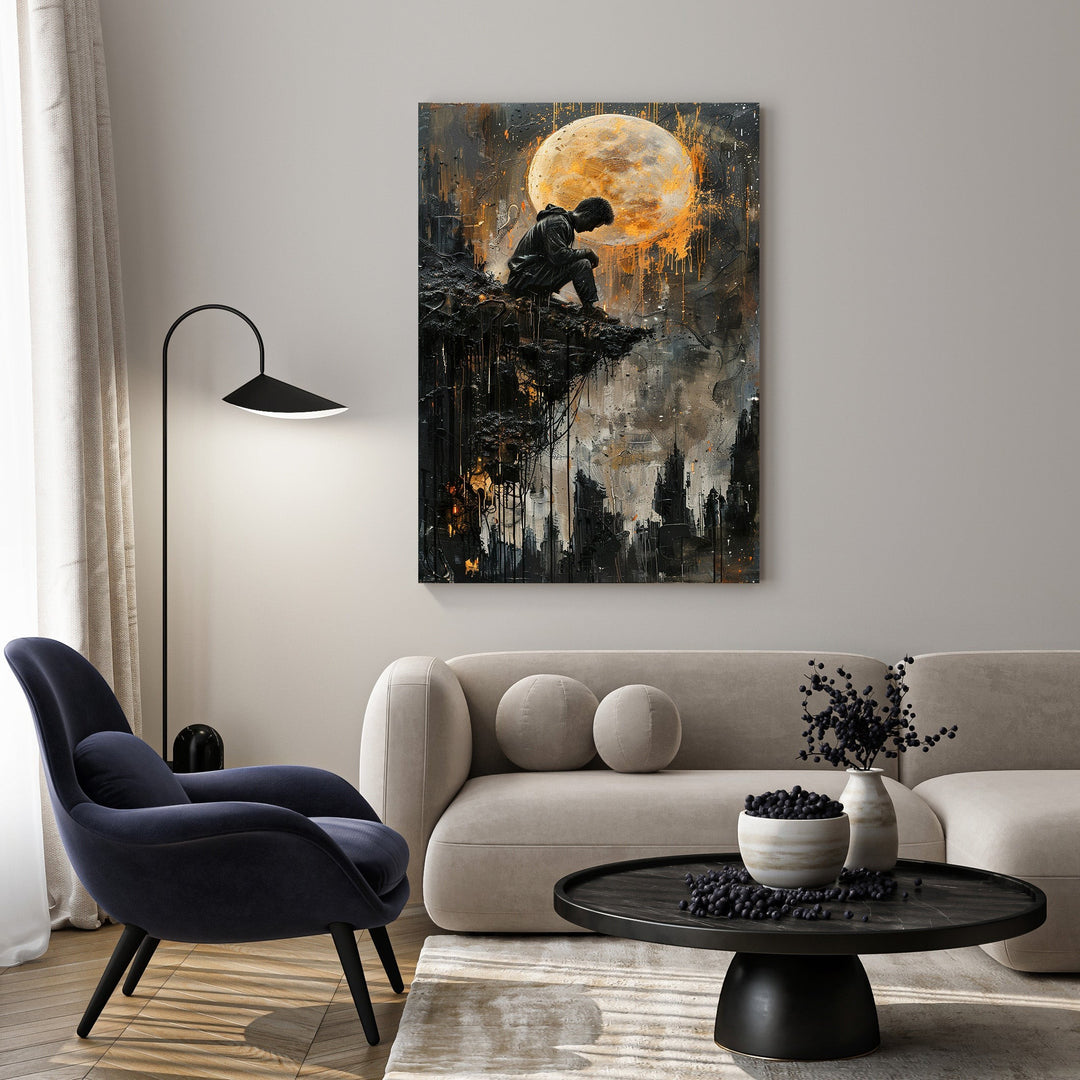 Wadi Home canvas print: Man sitting on cliff overlooking cityscape under full moon, moody colors, dramatic contrast.