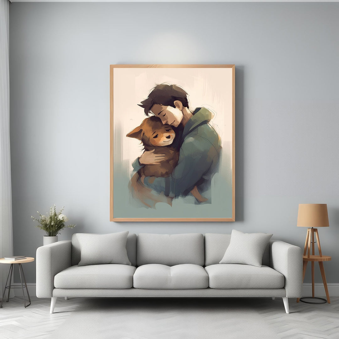 Wadi Home art print of a man hugging a brown dog, evoking love and loyalty. Soft painterly style.