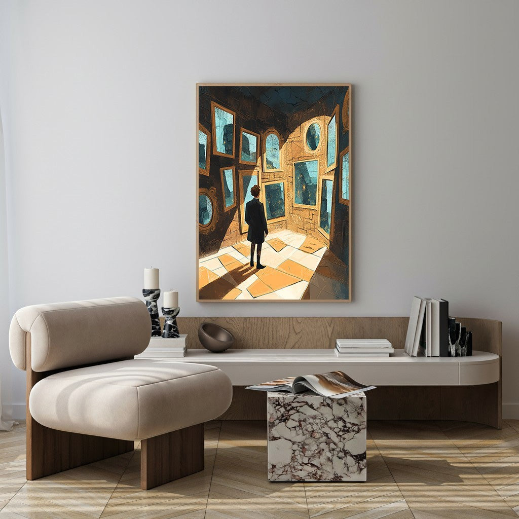 Wadi Home artwork: Man in suit standing in a room with many mirrors reflecting light and shadow.