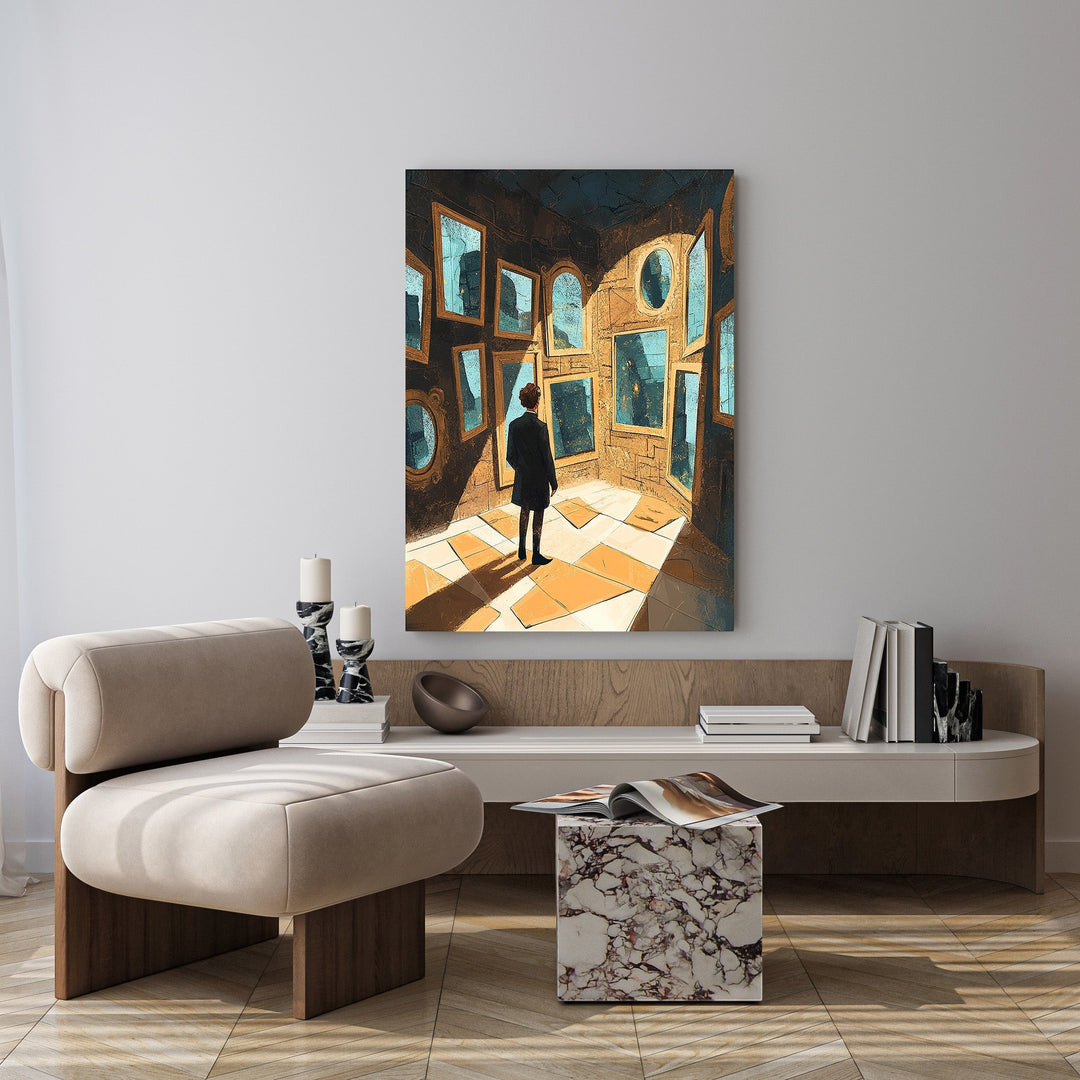 Wadi Home artwork: Man in suit surrounded by mirrors in a surreal room, modern wall art.