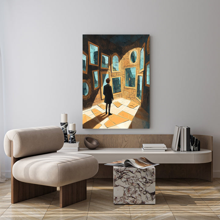 Wadi Home artwork: Man in suit surrounded by mirrors in a surreal room, modern wall art.