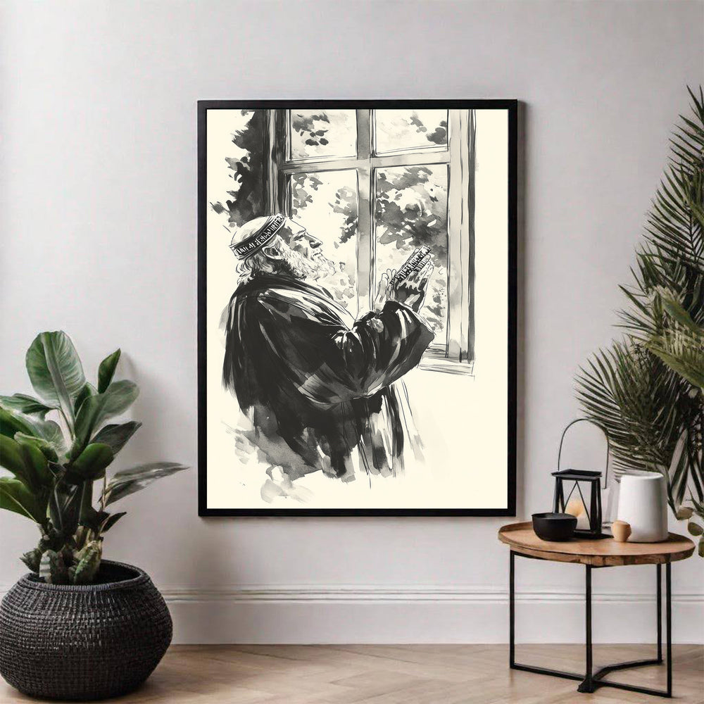 Wadi Home black and white watercolor art print of an elderly man praying by a window, hands clasped.