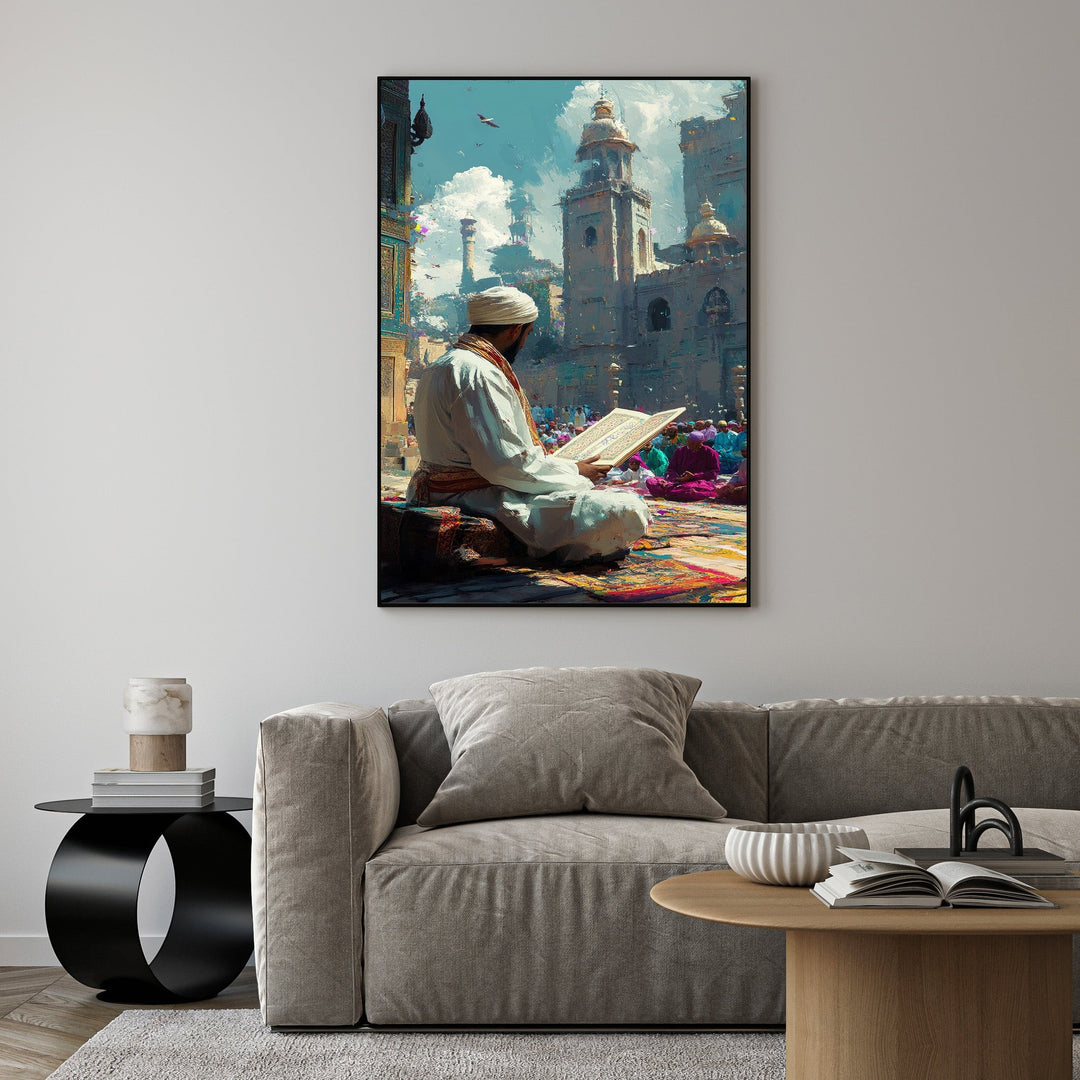 Wadi Home artwork: Man in white attire and turban reads book on patterned rug in bustling city square with mosque.