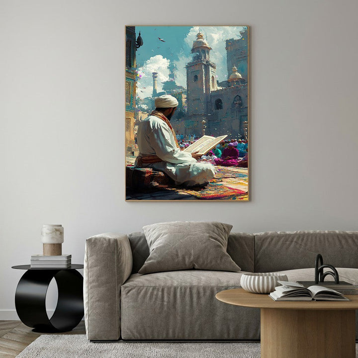 Wadi Home artwork: Man in white attire and turban reads book on patterned rug in bustling city square with mosque.