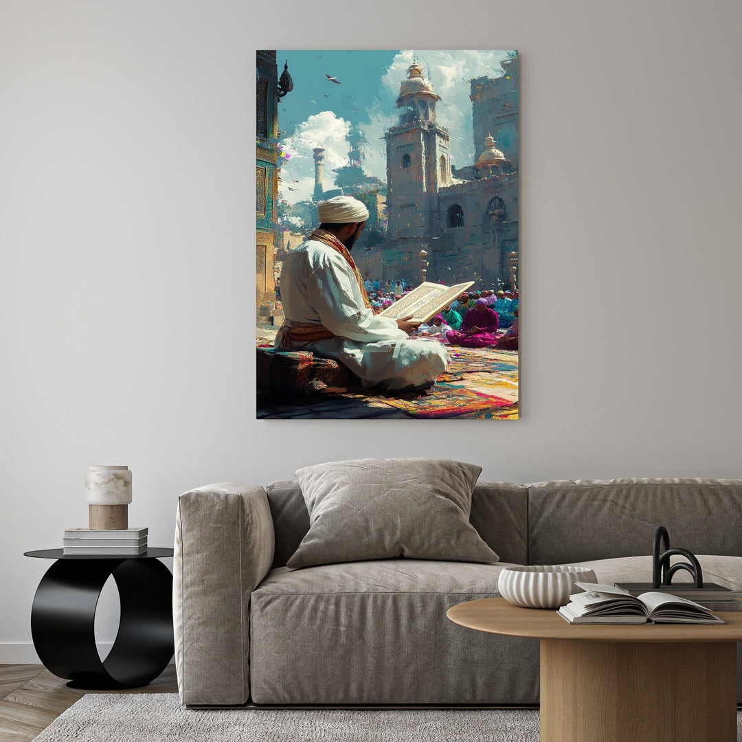 Wadi Home artwork: Man in white attire and turban reads book on patterned rug in bustling city square with mosque.