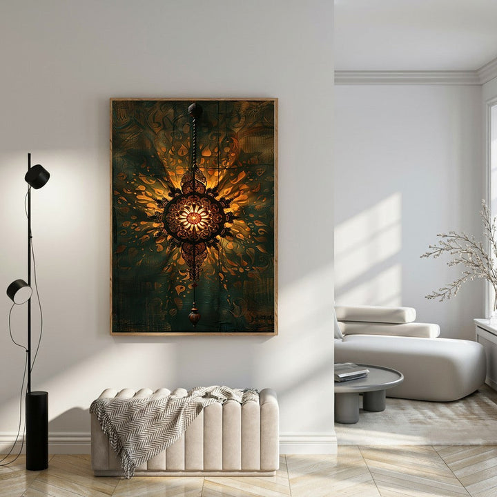 Wadi Home Intricate Mandala Wall Art in gold and deep teal, featuring a bohemian design with spiritual depth.