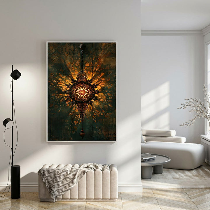 Wadi Home Intricate Mandala Wall Art in gold and deep teal, featuring a bohemian design with spiritual depth.