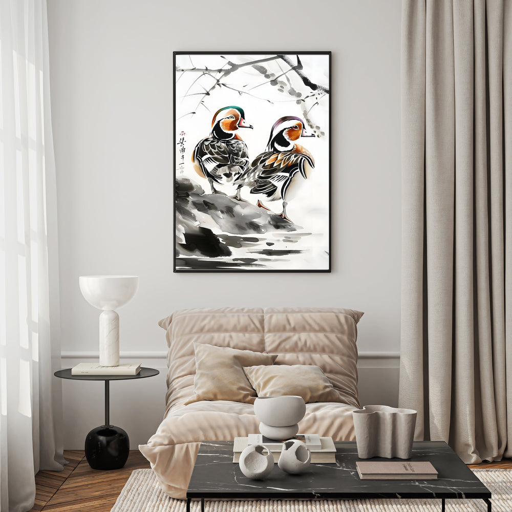 Wadi Home watercolor painting of two mandarin ducks on a rocky shore with branches overhead. Features vibrant colors and ink brushstrokes.