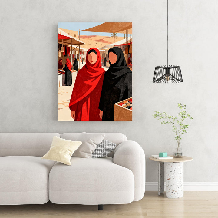 Wadi Home Market Day With Two Women artwork, featuring women in red and black hijabs at a bustling marketplace. Minimalist flat design with earthy tones.