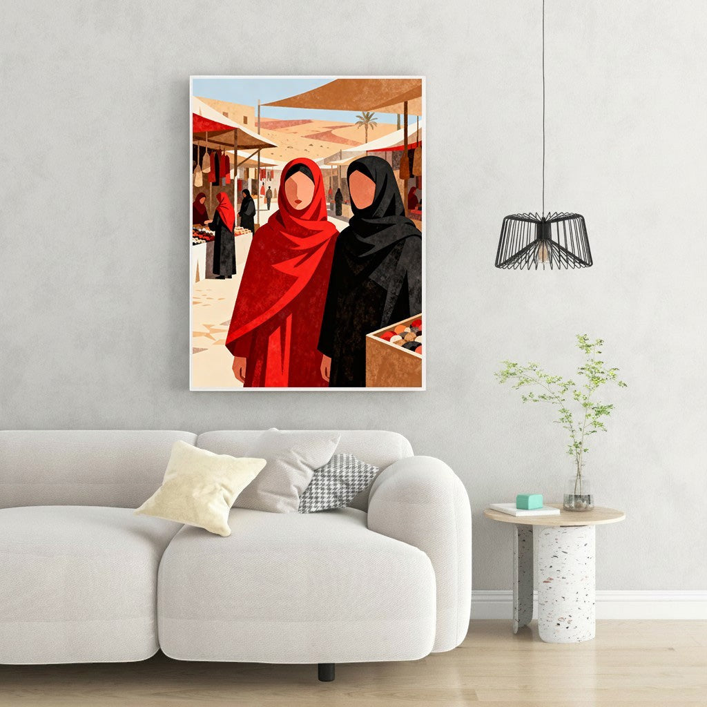 Wadi Home Market Day With Two Women print: one woman in red hijab, one in black hijab, minimalist flat design, earthy tones, market stalls backdrop.