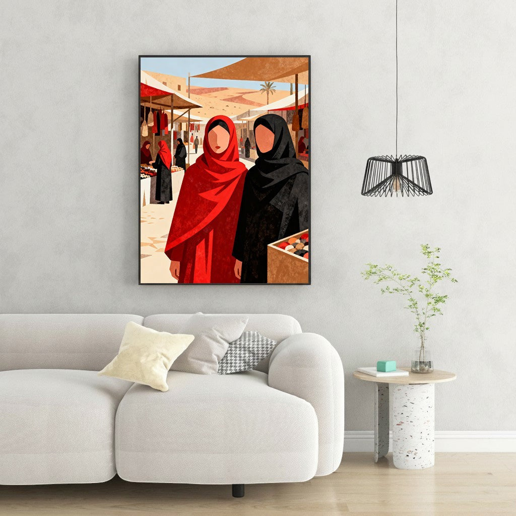 Wadi Home Market Day With Two Women print featuring women in red and black hijabs in a minimalist flat design style.